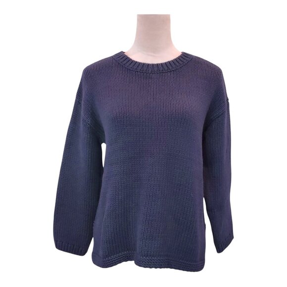 NWT LOFT SZ S Navy Blue Textured Chunky Knit Pullover Crew Neck Sweater - Picture 1 of 7